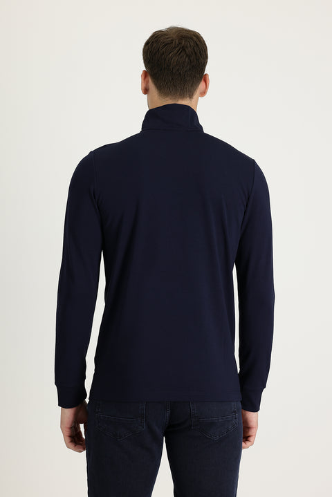 Koyu Lacivert Yarım Balıkçı Yaka Slim Fit Dar Kesim Fermuarlı Sweatshirt
