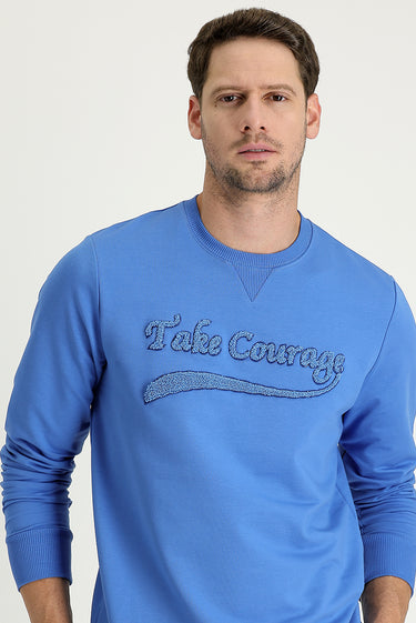 Havacı Mavi Bisiklet Yaka Slim Fit Dar Kesim Baskılı Sweatshirt