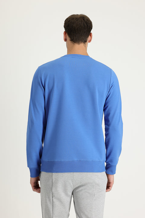 Havacı Mavi Bisiklet Yaka Slim Fit Dar Kesim Baskılı Sweatshirt