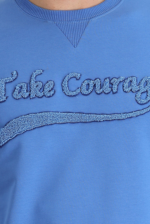 Havacı Mavi Bisiklet Yaka Slim Fit Dar Kesim Baskılı Sweatshirt