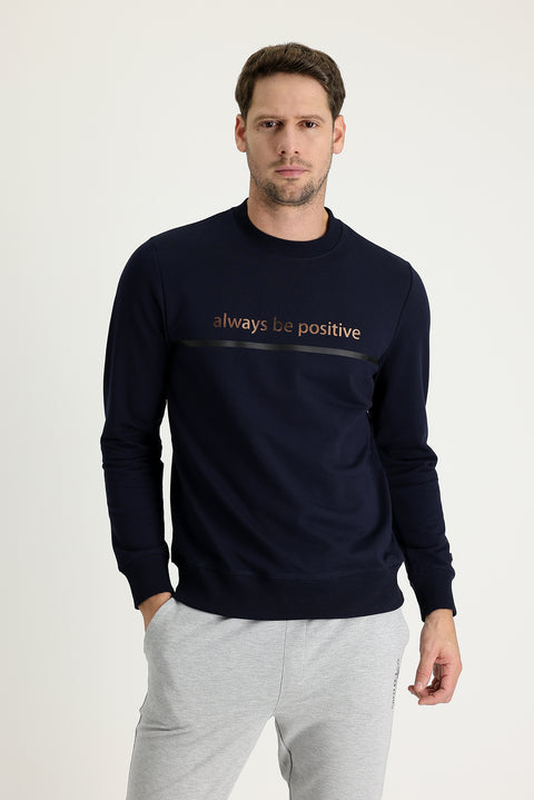 Orta Lacivert Bisiklet Yaka Slim Fit Dar Kesim Baskılı Sweatshirt
