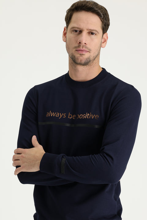 Orta Lacivert Bisiklet Yaka Slim Fit Dar Kesim Baskılı Sweatshirt