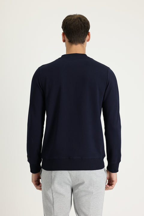 Orta Lacivert Bisiklet Yaka Slim Fit Dar Kesim Baskılı Sweatshirt
