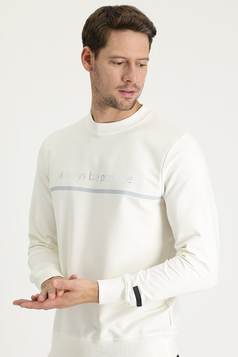 Off-white crew neck slim fit printed sweatshirt.