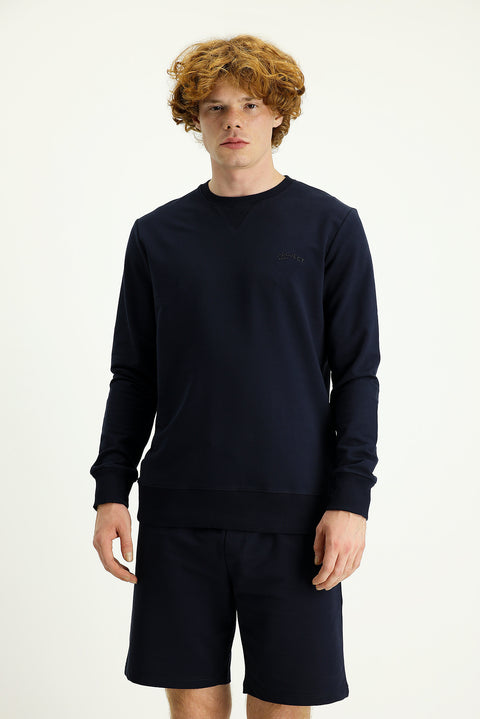 Orta Lacivert Bisiklet Yaka Slim Fit Dar Kesim Baskılı Pamuklu Sweatshirt
