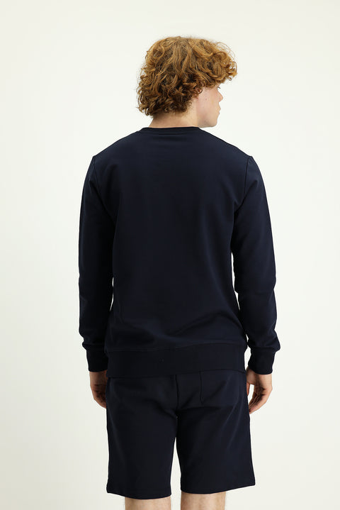 Orta Lacivert Bisiklet Yaka Slim Fit Dar Kesim Baskılı Pamuklu Sweatshirt