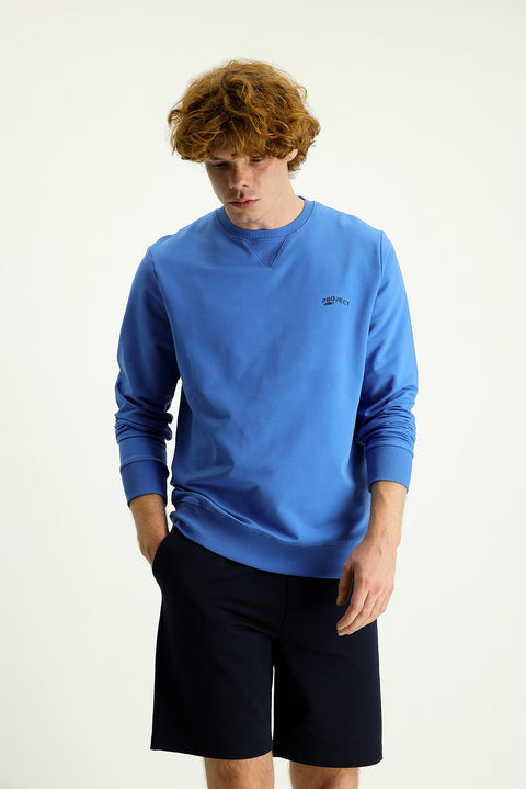Havacı Mavi Bisiklet Yaka Slim Fit Dar Kesim Baskılı Pamuklu Sweatshirt