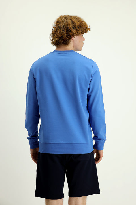 Havacı Mavi Bisiklet Yaka Slim Fit Dar Kesim Baskılı Pamuklu Sweatshirt