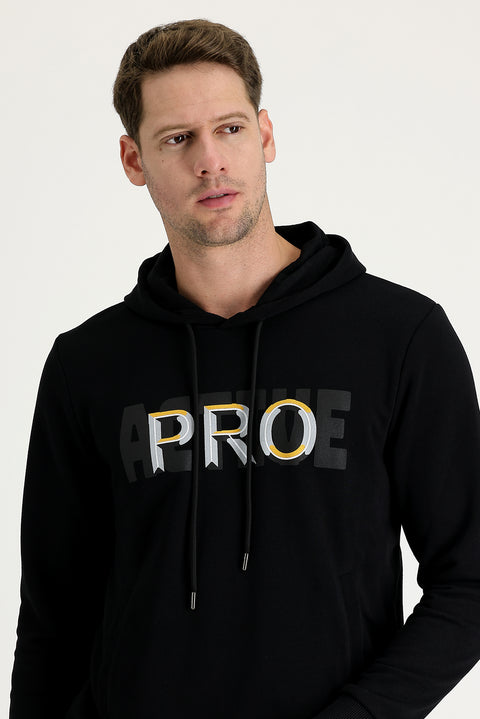 Siyah Kapüşonlu Slim Fit Dar Kesim Baskılı Sweatshirt