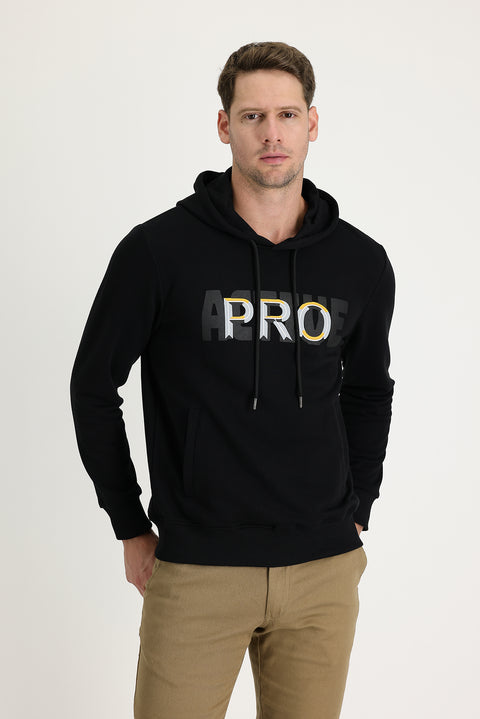 Siyah Kapüşonlu Slim Fit Dar Kesim Baskılı Sweatshirt