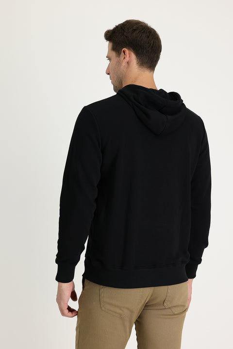 Siyah Kapüşonlu Slim Fit Dar Kesim Baskılı Sweatshirt