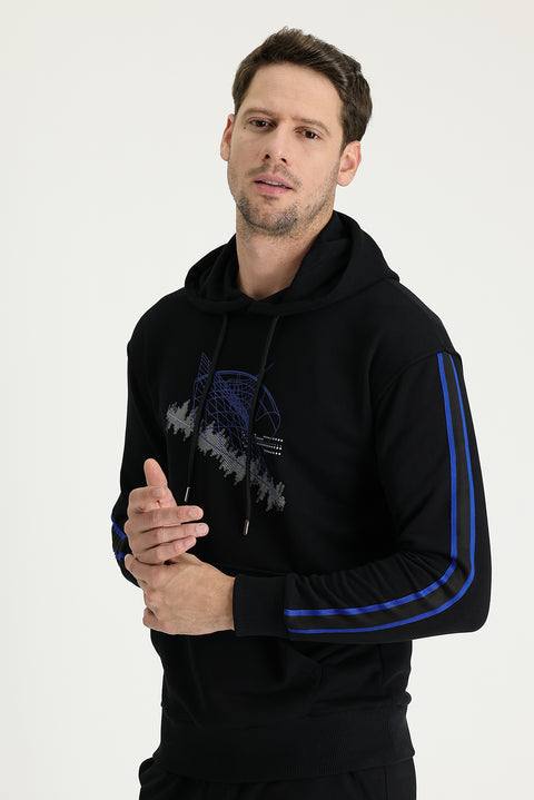 Siyah Kapüşonlu Slim Fit Dar Kesim Baskılı Sweatshirt