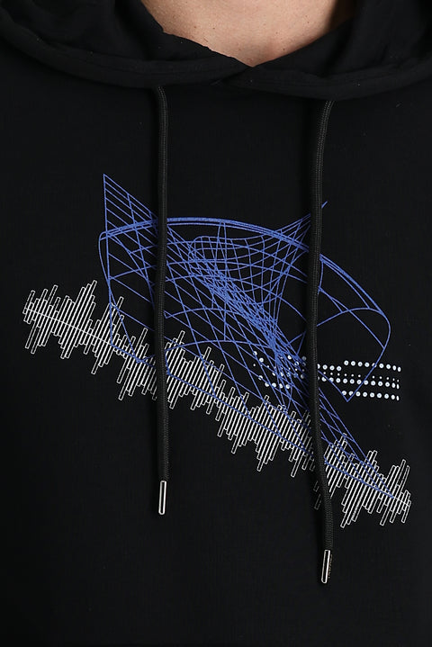 Siyah Kapüşonlu Slim Fit Dar Kesim Baskılı Sweatshirt