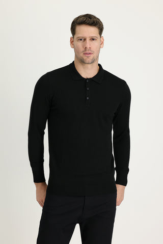  Siyah Polo Yaka Regular Fit Pamuklu Triko Kazak