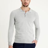 Açık Gri Melanj Polo Yaka Regular Fit Triko Kazak