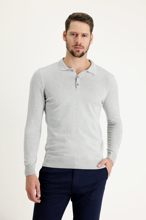 Açık Gri Melanj Polo Yaka Regular Fit Triko Kazak