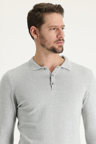  Açık Gri Melanj Polo Yaka Regular Fit Triko Kazak
