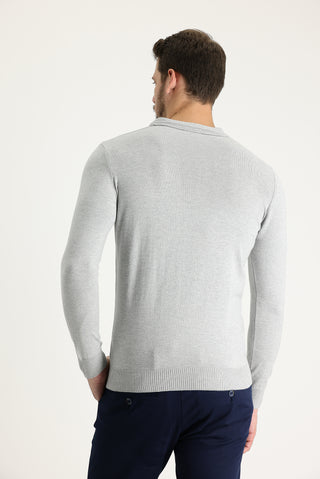 Açık Gri Melanj Polo Yaka Regular Fit Triko Kazak
