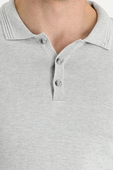 Açık Gri Melanj Polo Yaka Regular Fit Triko Kazak