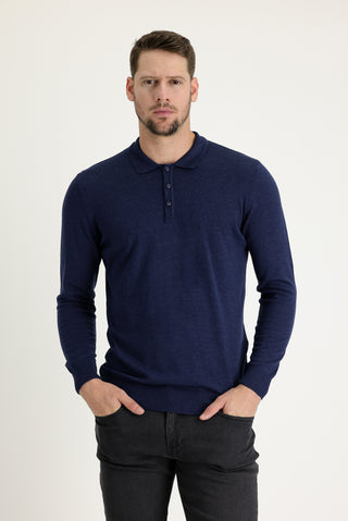  Orta Lacivert Melanj Polo Yaka Regular Fit Triko Kazak