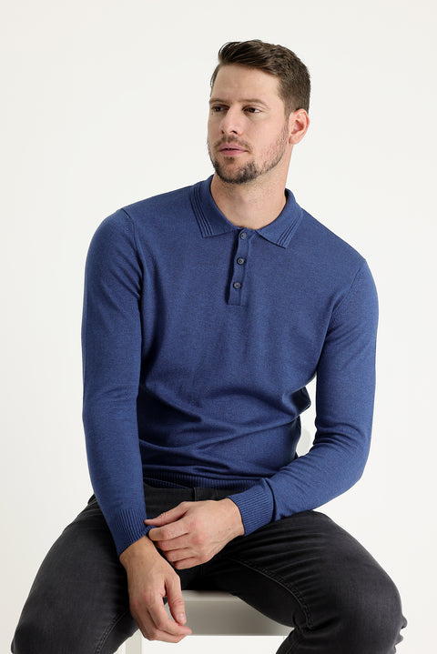 İndigo Melanj Polo Yaka Regular Fit Pamuklu Triko Kazak