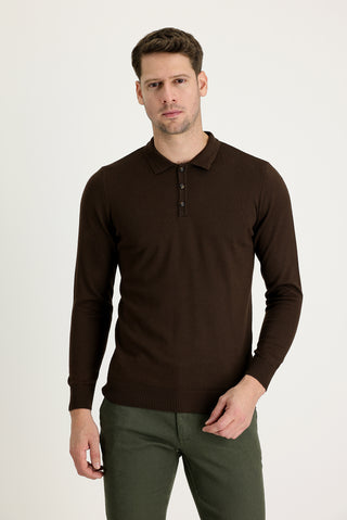  Koyu Kahve Polo Yaka Regular Fit Triko Kazak