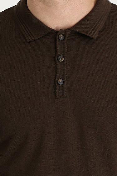Koyu Kahve Polo Yaka Regular Fit Pamuklu Triko Kazak