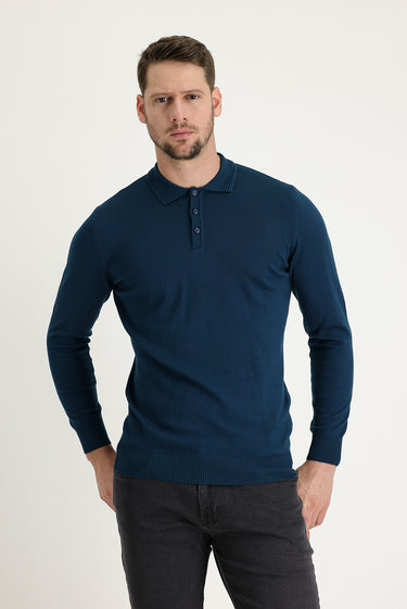 Orta Petrol Polo Yaka Regular Fit Triko Kazak