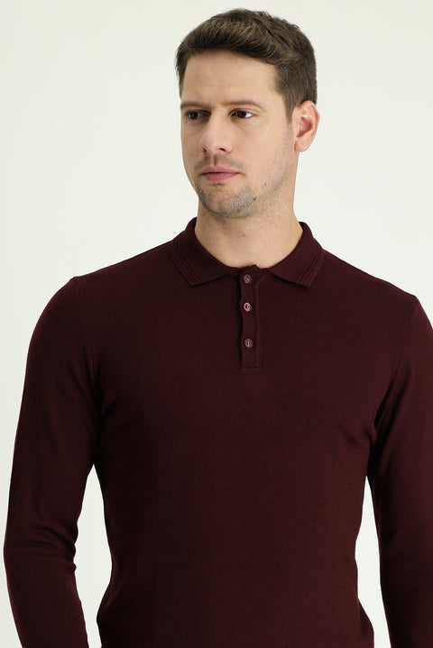 Koyu Bordo Polo Yaka Regular Fit Triko Kazak