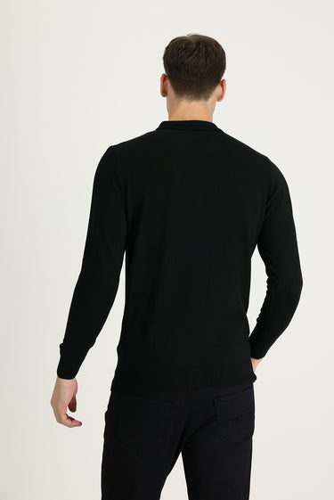 Siyah Polo Yaka Regular Fit Pamuklu Triko Kazak