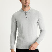 Açık Gri Melanj Polo Yaka Regular Fit Pamuklu Triko Kazak