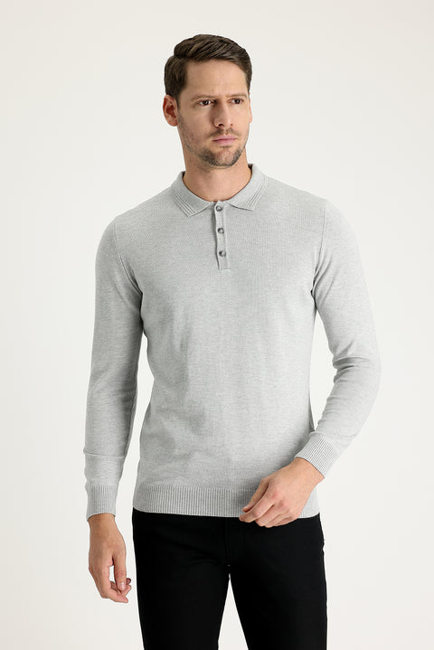 Açık Gri Melanj Polo Yaka Regular Fit Pamuklu Triko Kazak