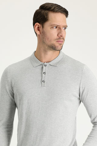  Açık Gri Melanj Polo Yaka Regular Fit Pamuklu Triko Kazak