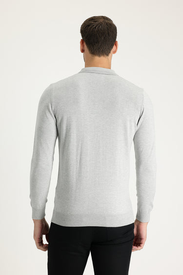 Açık Gri Melanj Polo Yaka Regular Fit Pamuklu Triko Kazak
