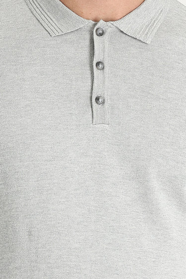 Açık Gri Melanj Polo Yaka Regular Fit Pamuklu Triko Kazak
