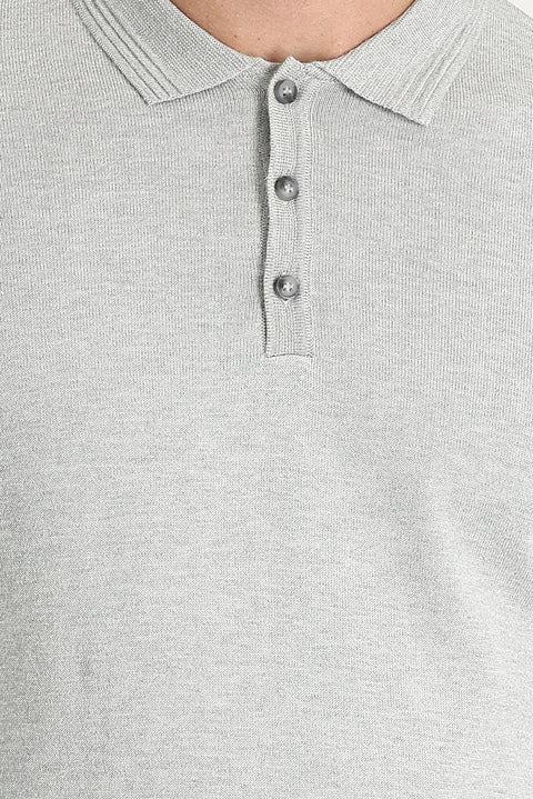 Açık Gri Melanj Polo Yaka Regular Fit Pamuklu Triko Kazak