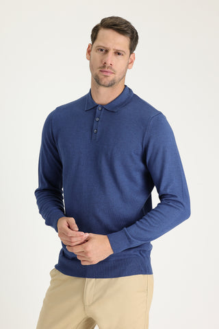  İndigo Melanj Polo Yaka Regular Fit Pamuklu Triko Kazak