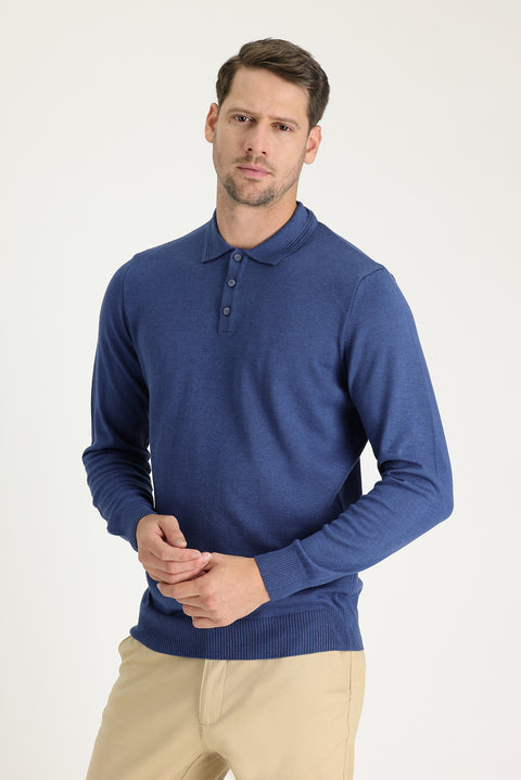 İndigo Melanj Polo Yaka Regular Fit Pamuklu Triko Kazak