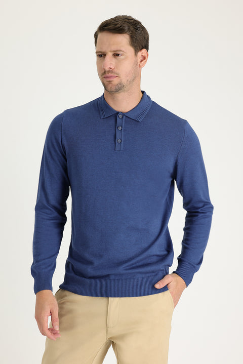 İndigo Melanj Polo Yaka Regular Fit Pamuklu Triko Kazak