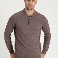 Açık Kahve Melanj Polo Yaka Regular Fit Pamuklu Triko Kazak