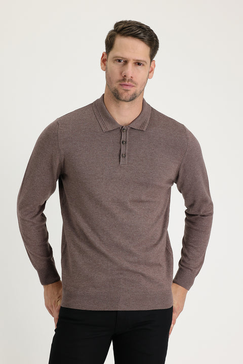 Açık Kahve Melanj Polo Yaka Regular Fit Pamuklu Triko Kazak