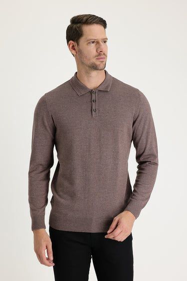 Açık Kahve Melanj Polo Yaka Regular Fit Pamuklu Triko Kazak