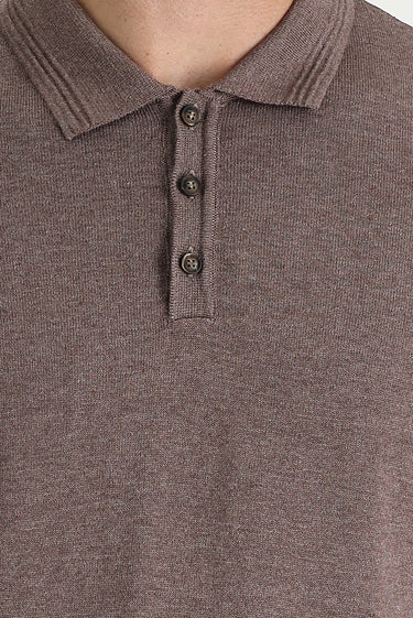 Açık Kahve Melanj Polo Yaka Regular Fit Pamuklu Triko Kazak