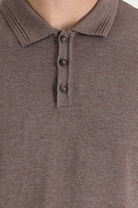 Açık Kahve Melanj Polo Yaka Regular Fit Pamuklu Triko Kazak