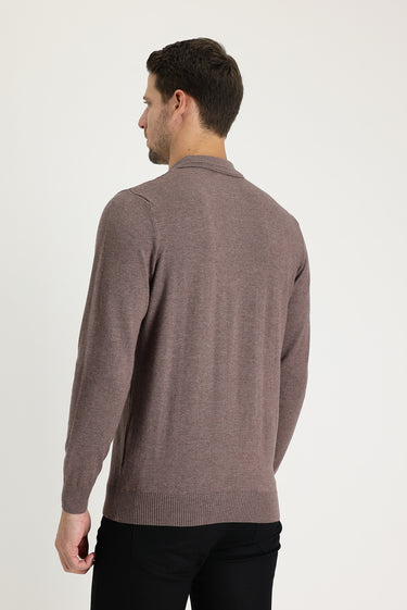Açık Kahve Melanj Polo Yaka Regular Fit Pamuklu Triko Kazak