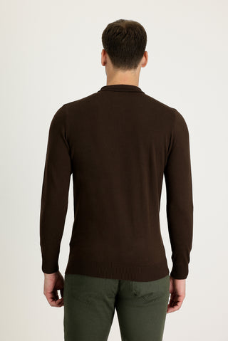  Koyu Kahve Polo Yaka Regular Fit Pamuklu Triko Kazak