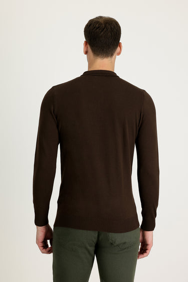 Koyu Kahve Polo Yaka Regular Fit Pamuklu Triko Kazak