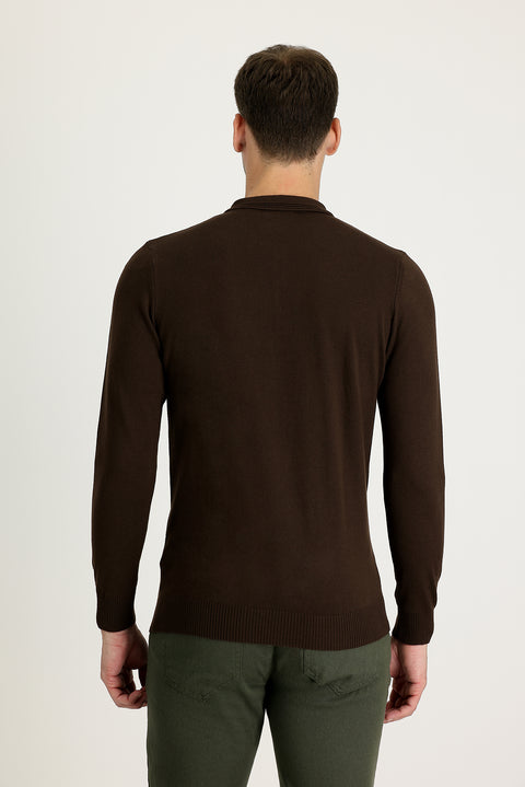 Koyu Kahve Polo Yaka Regular Fit Pamuklu Triko Kazak