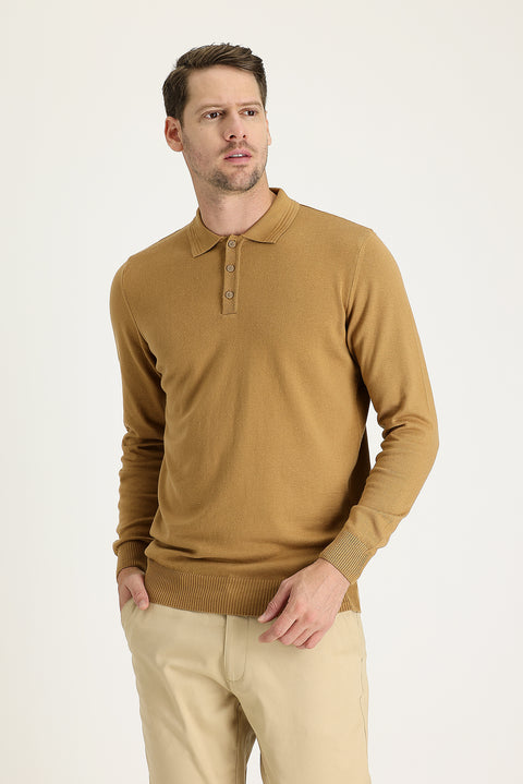 Camel Polo Yaka Regular Fit Pamuklu Triko Kazak