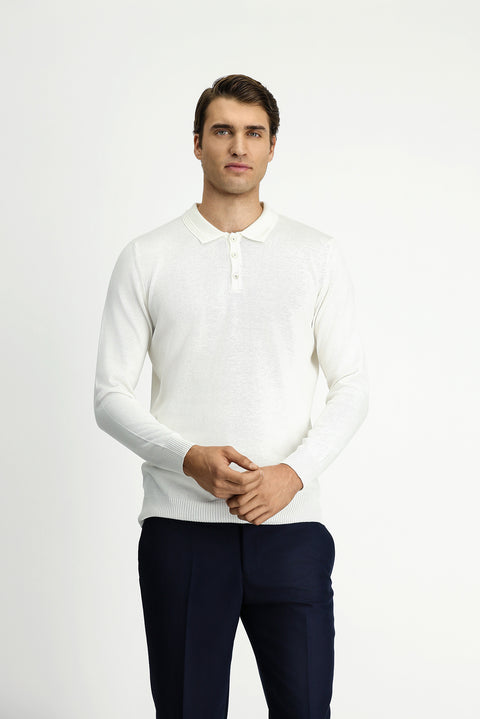 Ekru Polo Yaka Regular Fit Pamuklu Triko Kazak